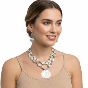 Vintage Iridescent Pearl Mother of Pearl Shell Necklace & Earring Set Coastal